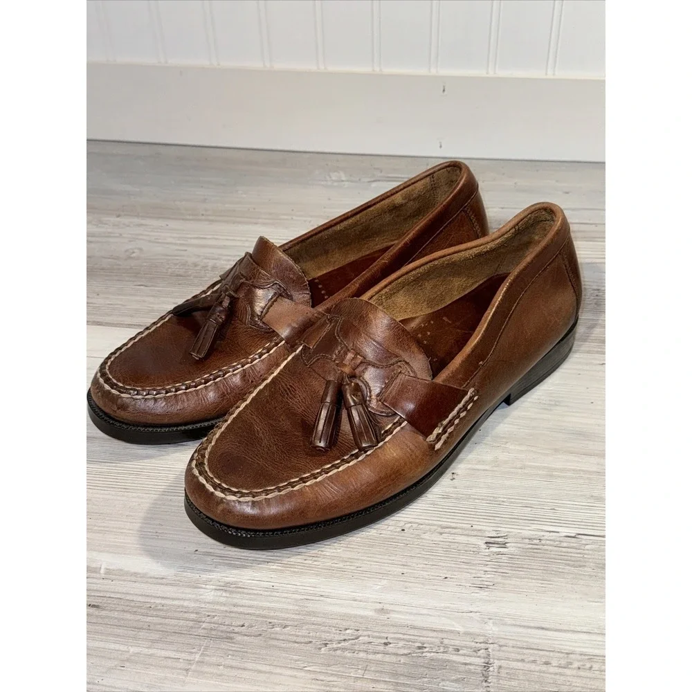 Bass Bennett Mens Sz 10 Shoes Brown Leather Slip On Casual Tassel Penny Loafers